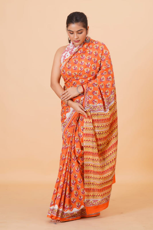 HAND BLOCK PRINTED COTTON SAREE (5.5 Mtr) WITH UNSTICHED BLOUSE PIECE (90CM)