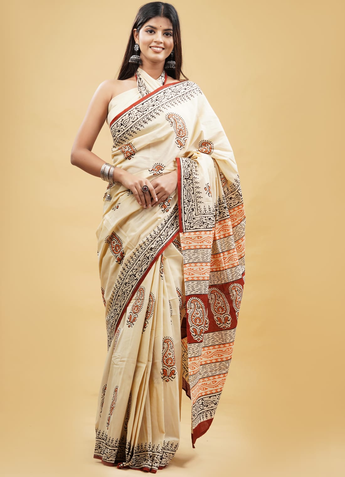 HAND BLOCK PRINTED COTTON SAREE (5.5 Mtr) WITH UNSTICHED BLOUSE PIECE (90CM)