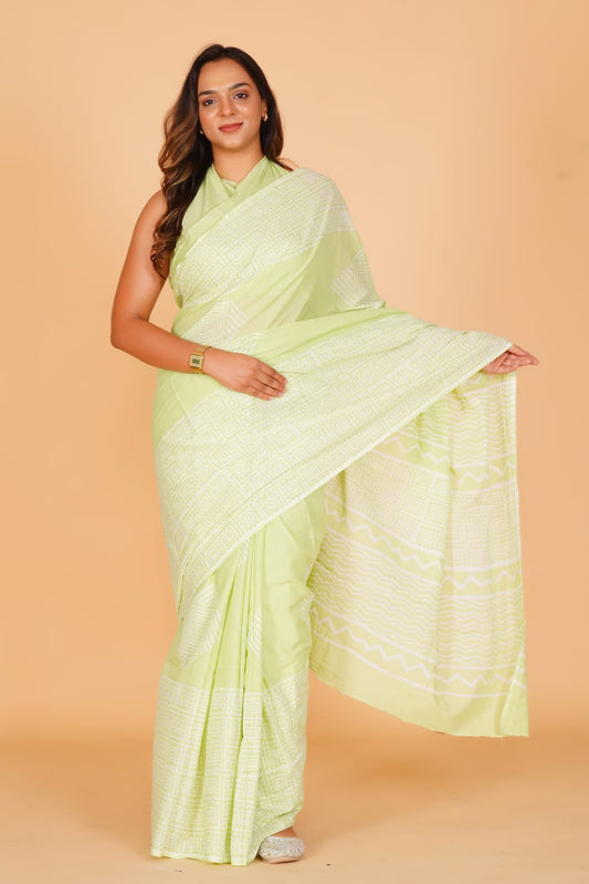 HAND BLOCK PRINTED COTTON SAREE (5.5 Mtr) WITH UNSTICHED BLOUSE PIECE (90CM)