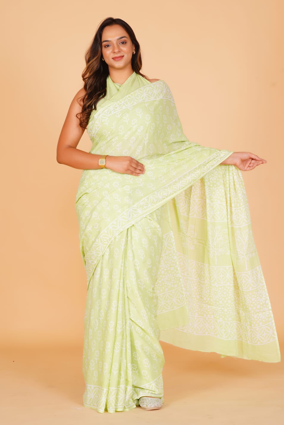 HAND BLOCK PRINTED COTTON SAREE (5.5 Mtr) WITH UNSTICHED BLOUSE PIECE (90CM)