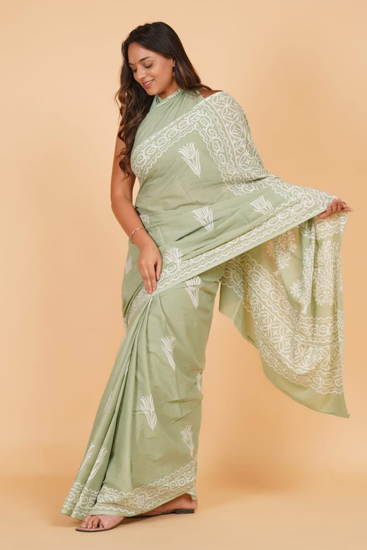 HAND BLOCK PRINTED COTTON SAREE (5.5 Mtr) WITH UNSTICHED BLOUSE PIECE (90CM)