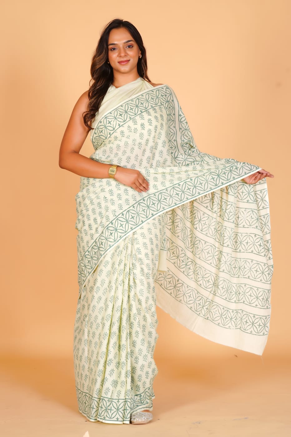 HAND BLOCK PRINTED COTTON SAREE (5.5 Mtr) WITH UNSTICHED BLOUSE PIECE (90CM)