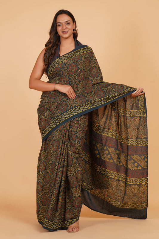 HAND BLOCK PRINTED COTTON SAREE (5.5 Mtr) WITH UNSTICHED BLOUSE PIECE (90CM)
