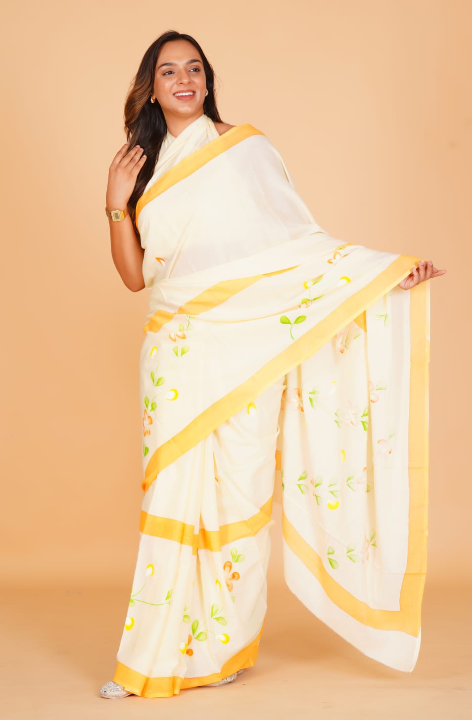 HAND PRINTED COTTON SAREE (5.5 Mtr) WITH UNSTICHED BLOUSE PIECE (90CM)