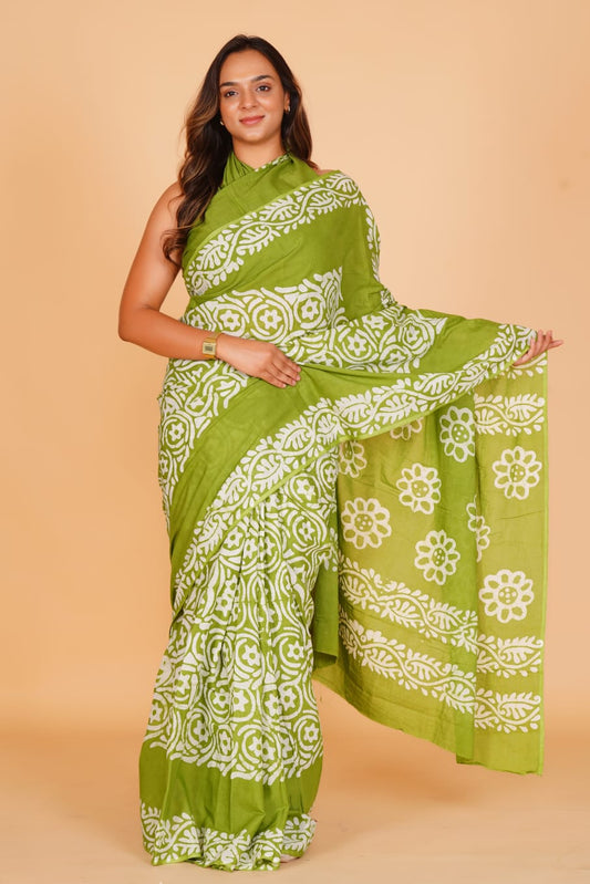 HAND BLOCK PRINTED COTTON SAREE (5.5 Mtr) WITH UNSTICHED BLOUSE PIECE (90CM)