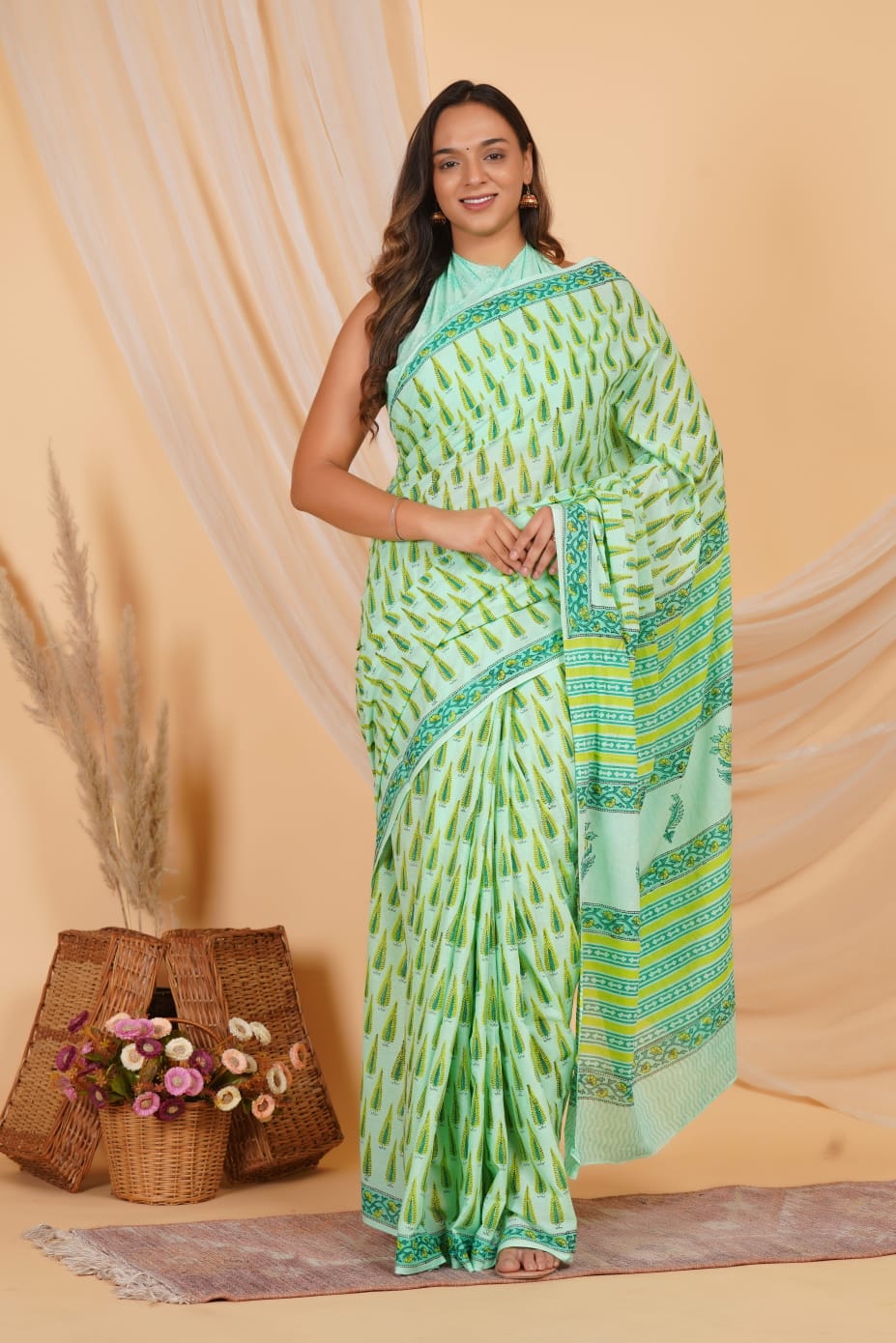 HAND BLOCK PRINTED COTTON SAREE (5.5 Mtr) WITH UNSTICHED BLOUSE PIECE (90CM)