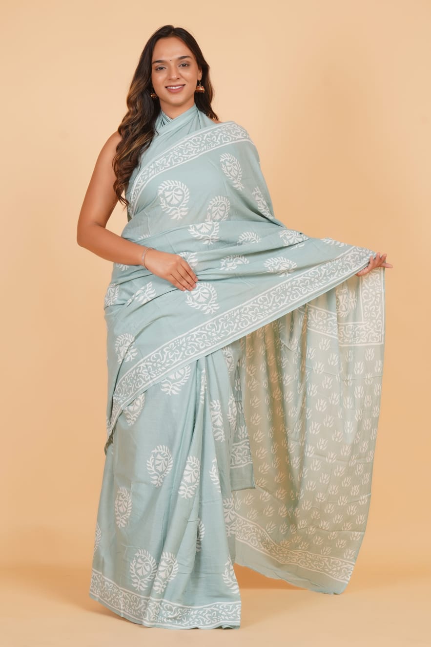 HAND BLOCK PRINTED COTTON SAREE (5.5 Mtr) WITH UNSTICHED BLOUSE PIECE (90CM)