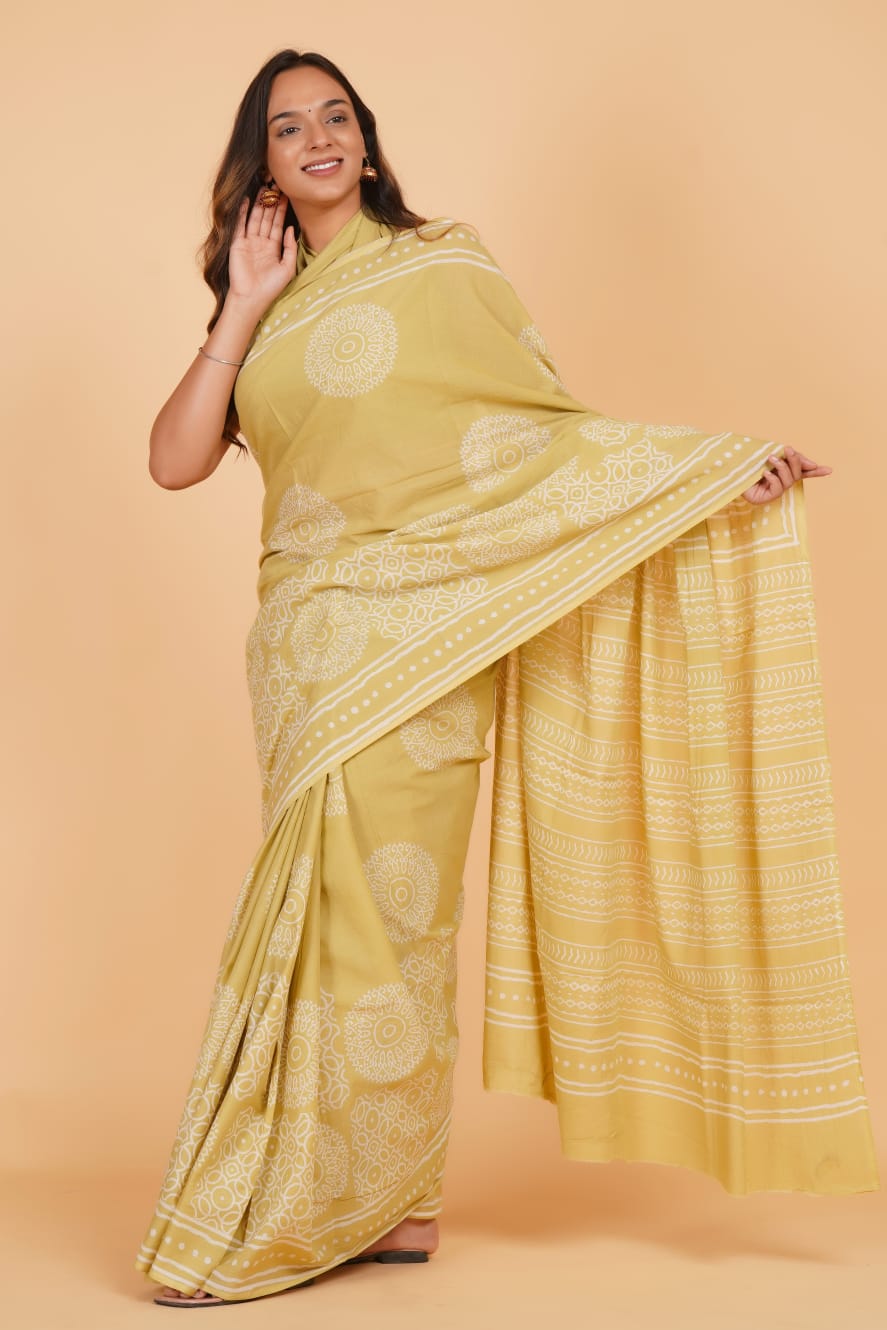 HAND BLOCK PRINTED COTTON SAREE (5.5 Mtr) WITH UNSTICHED BLOUSE PIECE (90CM)