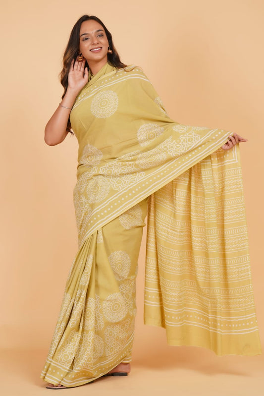 HAND BLOCK PRINTED COTTON SAREE (5.5 Mtr) WITH UNSTICHED BLOUSE PIECE (90CM)