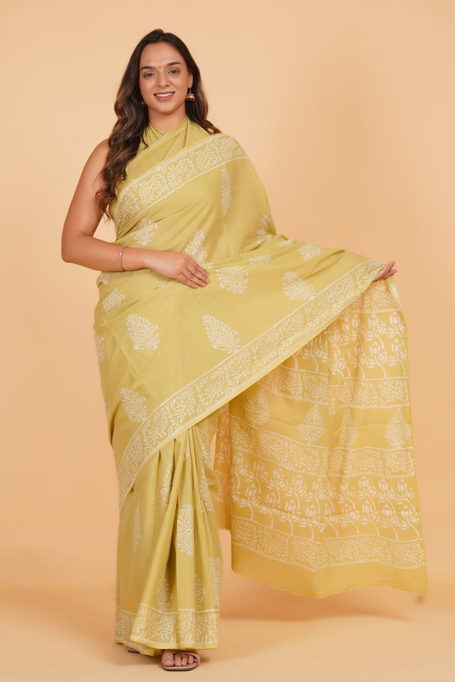 HAND BLOCK PRINTED COTTON SAREE (5.5 Mtr) WITH UNSTICHED BLOUSE PIECE (90CM)