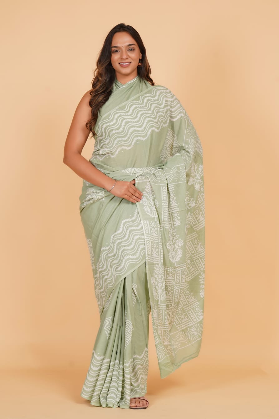 HAND BLOCK PRINTED COTTON SAREE (5.5 Mtr) WITH UNSTICHED BLOUSE PIECE (90CM)