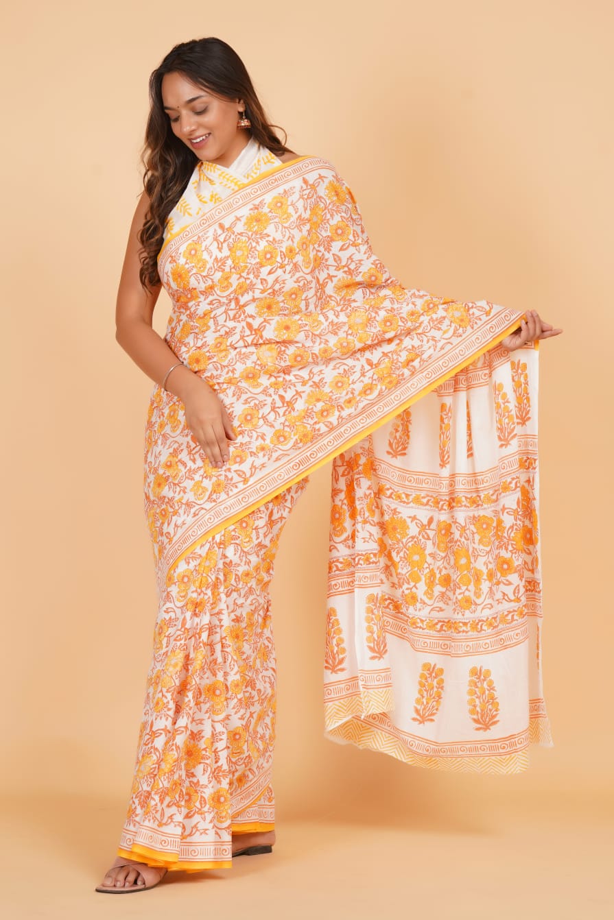 HAND BLOCK PRINTED COTTON SAREE (5.5 Mtr) WITH UNSTICHED BLOUSE PIECE (90CM)
