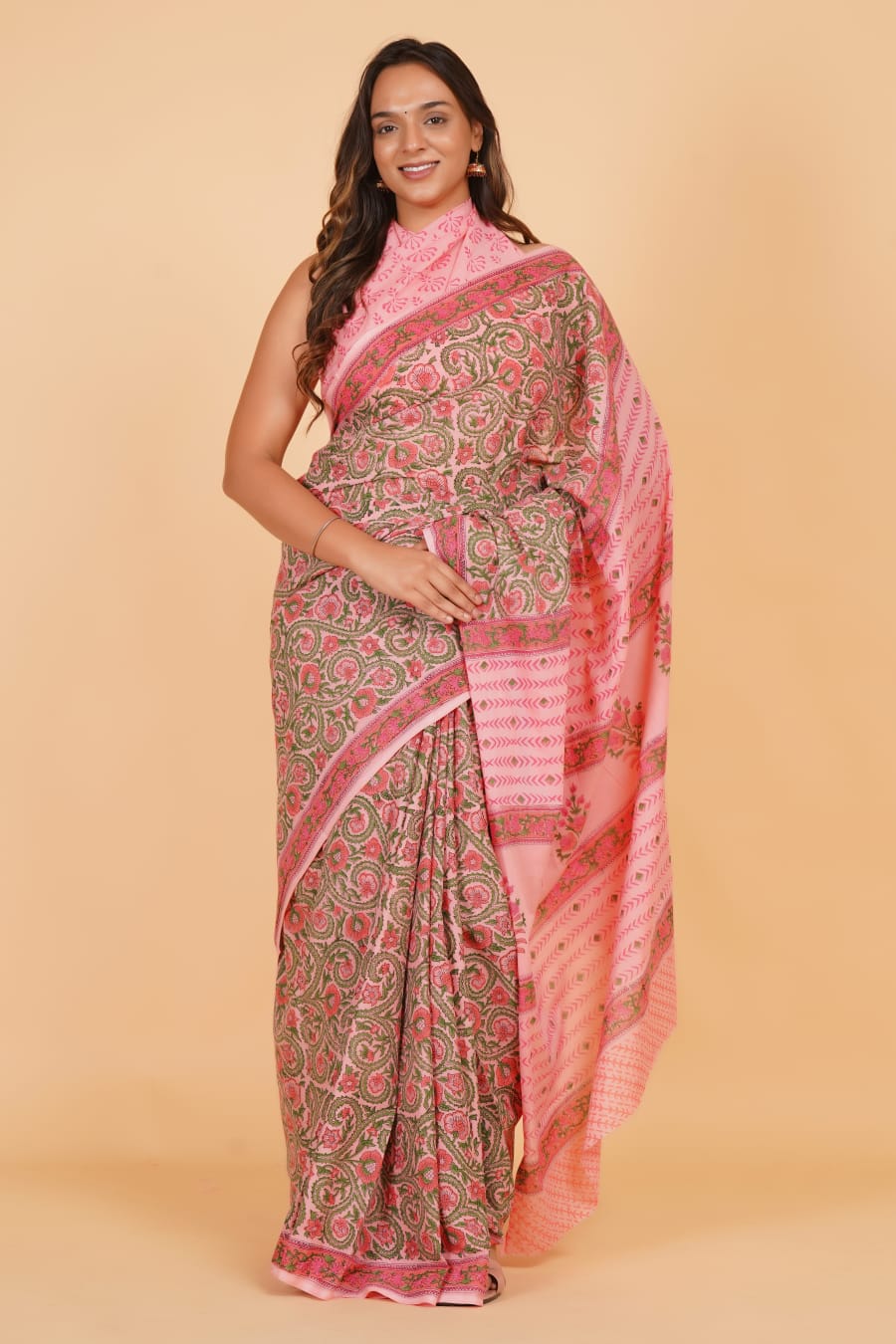 HAND BLOCK PRINTED COTTON SAREE (5.5 Mtr) WITH UNSTICHED BLOUSE PIECE (90CM)