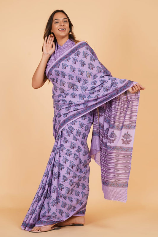 HAND BLOCK PRINTED COTTON SAREE (5.5 Mtr) WITH UNSTICHED BLOUSE PIECE (90CM)