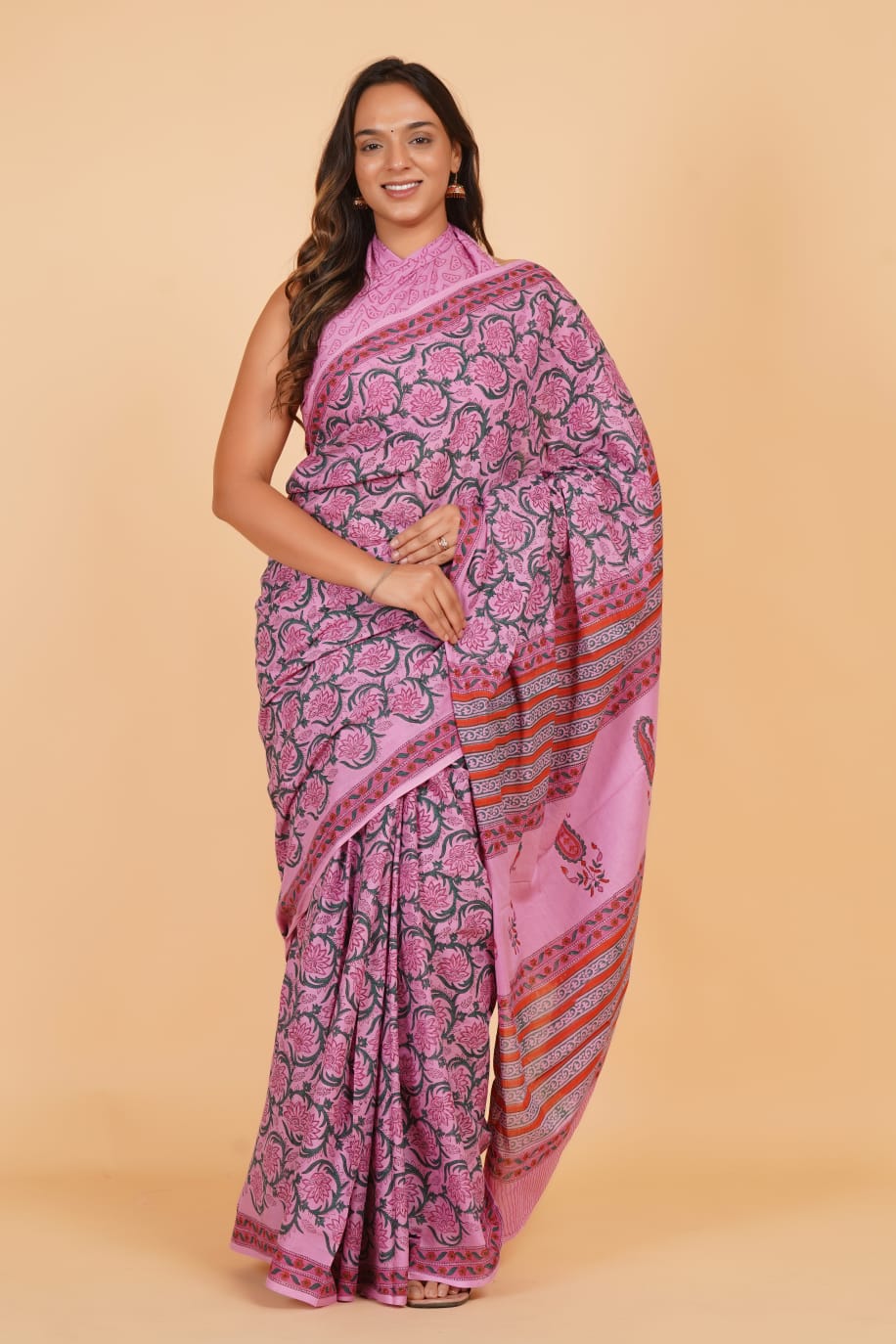 HAND BLOCK PRINTED COTTON SAREE (5.5 Mtr) WITH UNSTICHED BLOUSE PIECE (90CM)