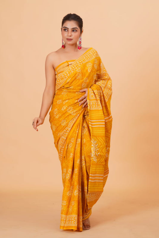 HAND BLOCK PRINTED COTTON SAREE (5.5 Mtr) WITH UNSTICHED BLOUSE PIECE (90CM)