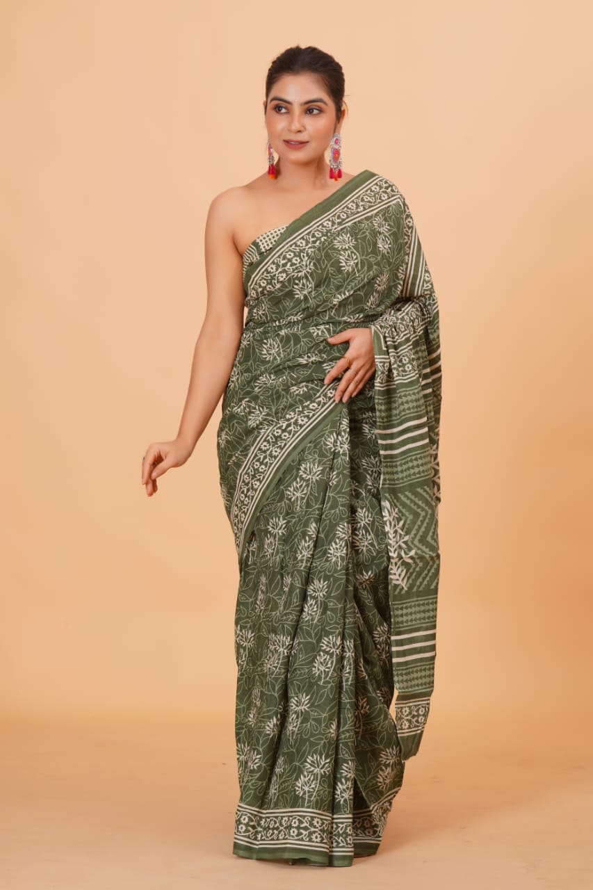 HAND BLOCK PRINTED COTTON SAREE (5.5 Mtr) WITH UNSTICHED BLOUSE PIECE (90CM)