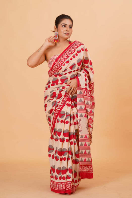 HAND BLOCK PRINTED COTTON SAREE (5.5 Mtr) WITH UNSTICHED BLOUSE PIECE (90CM)