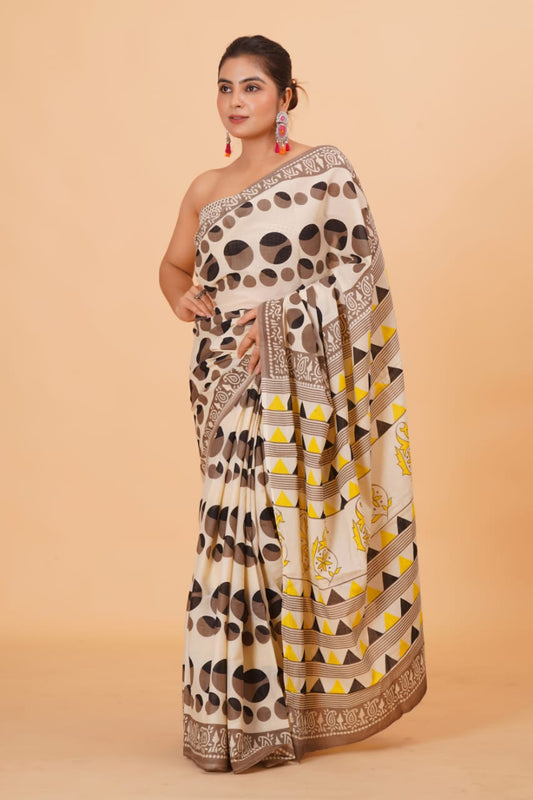 HAND BLOCK PRINTED COTTON SAREE (5.5 Mtr) WITH UNSTICHED BLOUSE PIECE (90CM)