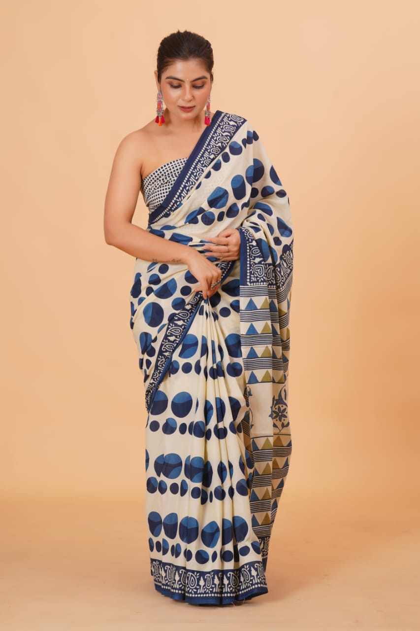 HAND BLOCK PRINTED COTTON SAREE (5.5 Mtr) WITH UNSTICHED BLOUSE PIECE (90CM)