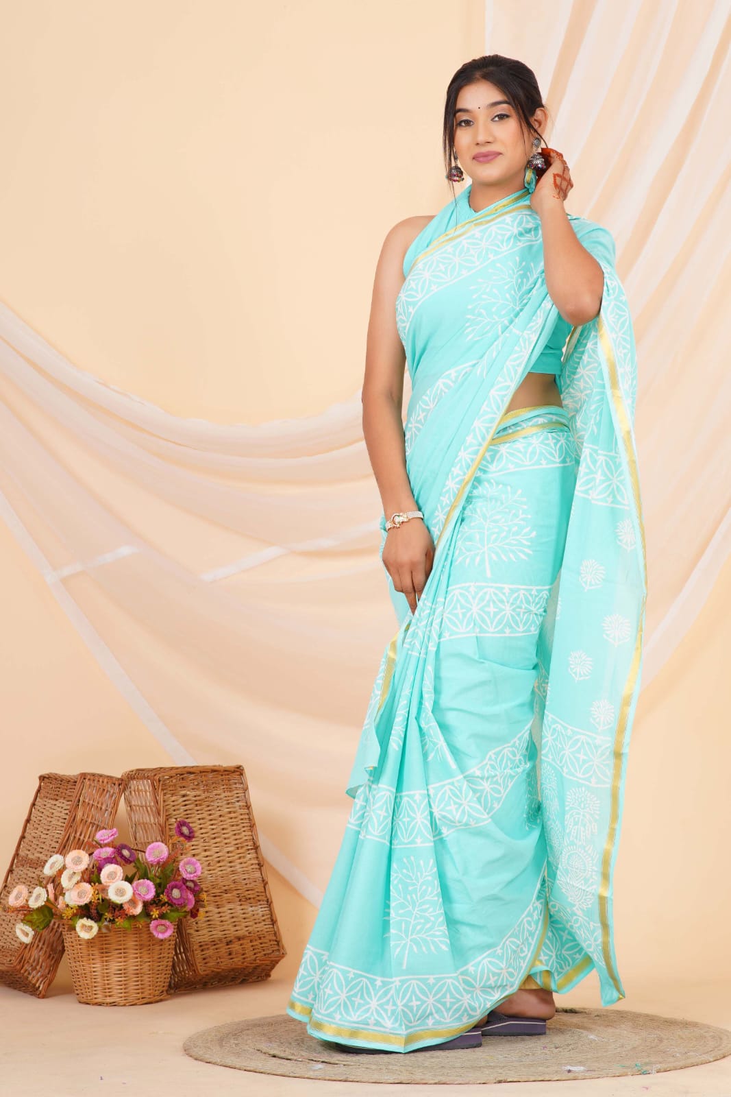 (JARI BORDER) PURE COTTON SAREE (5.5 Mtr) WITH UNSTICHED BLOUSE PIECE (90CM)