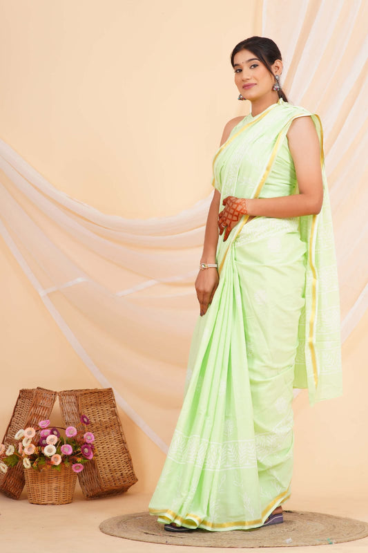 (JARI BORDER) PURE COTTON SAREE (5.5 Mtr) WITH UNSTICHED BLOUSE PIECE (90CM)