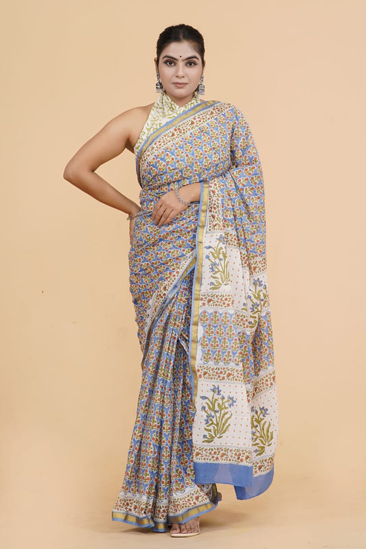 (JARI BORDER) PURE COTTON SAREE (5.5 Mtr) WITH UNSTICHED BLOUSE PIECE (90CM)