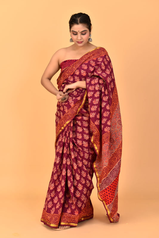 (JARI BORDER) PURE COTTON SAREE (5.5 Mtr) WITH UNSTICHED BLOUSE PIECE (90CM)
