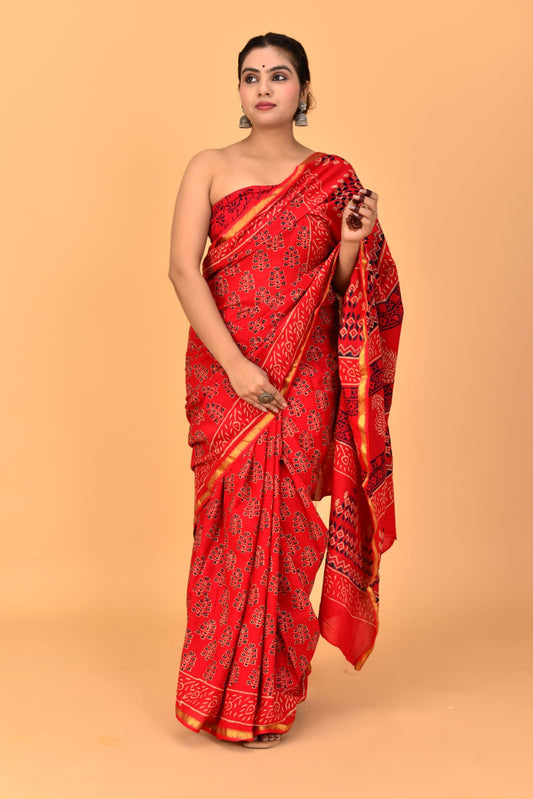 (JARI BORDER) PURE COTTON SAREE (5.5 Mtr) WITH UNSTICHED BLOUSE PIECE (90CM)