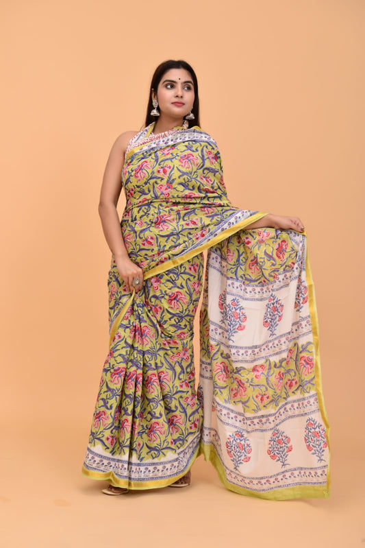 (JARI BORDER) PURE COTTON SAREE (5.5 Mtr) WITH UNSTICHED BLOUSE PIECE (90CM)