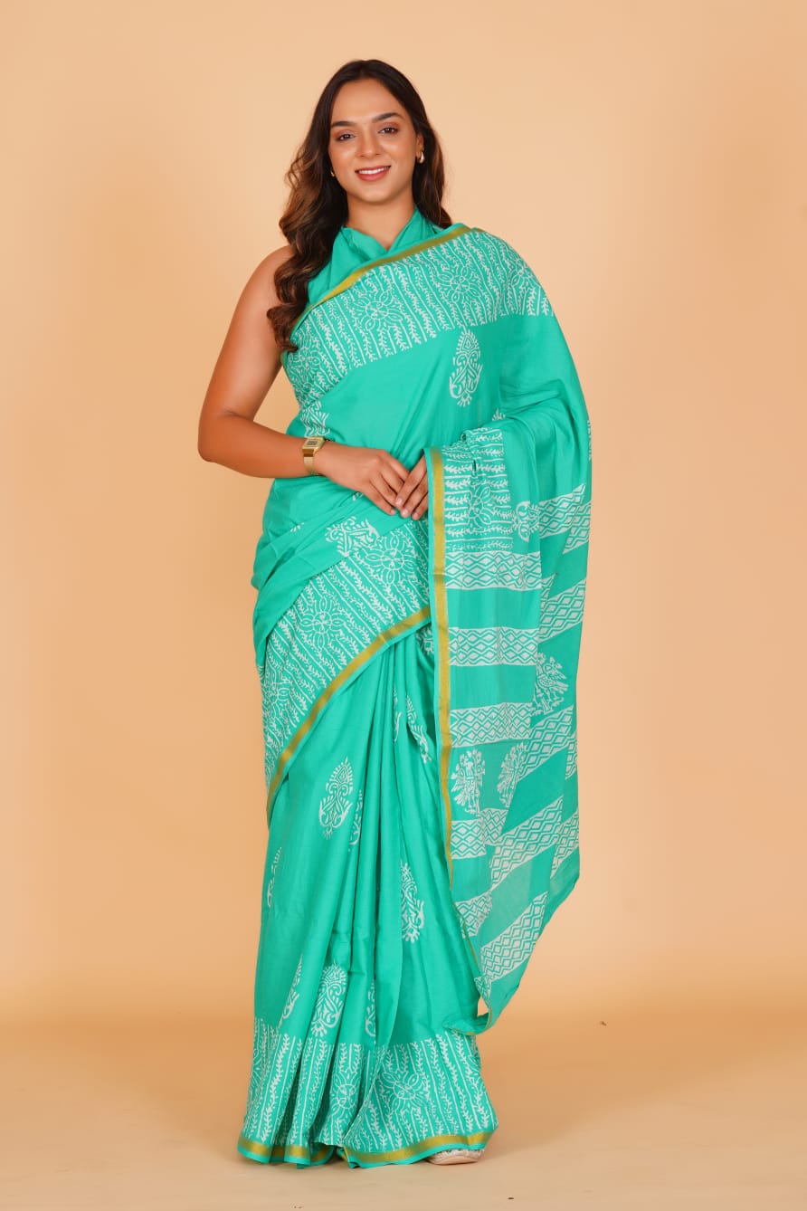 (JARI BORDER) PURE COTTON SAREE (5.5 Mtr) WITH UNSTICHED BLOUSE PIECE (90CM)