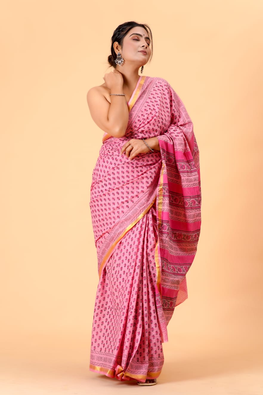 (JARI BORDER) PURE COTTON SAREE (5.5 Mtr) WITH UNSTICHED BLOUSE PIECE (90CM)