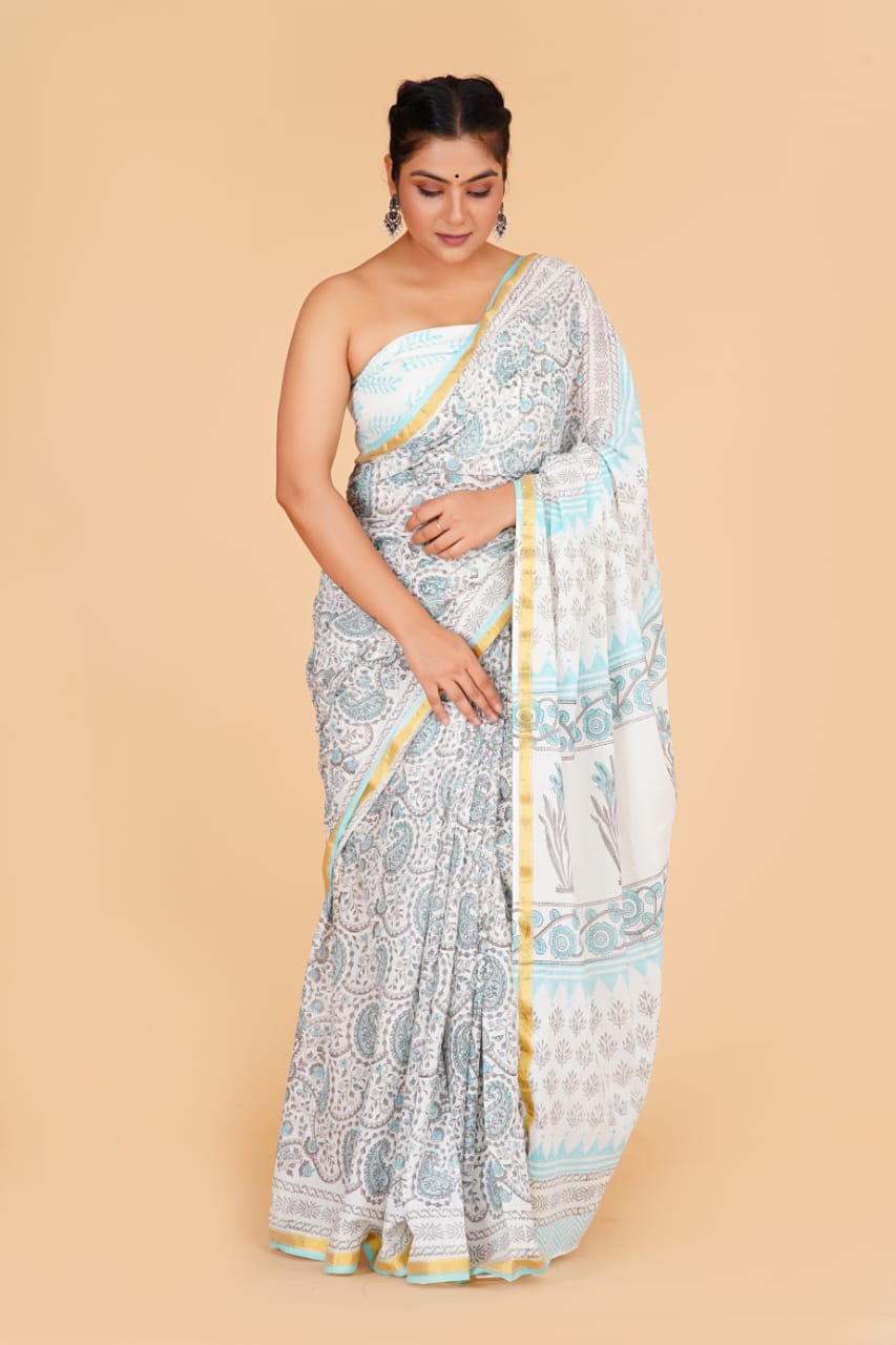 (JARI BORDER) PURE COTTON SAREE (5.5 Mtr) WITH UNSTICHED BLOUSE PIECE (90CM)