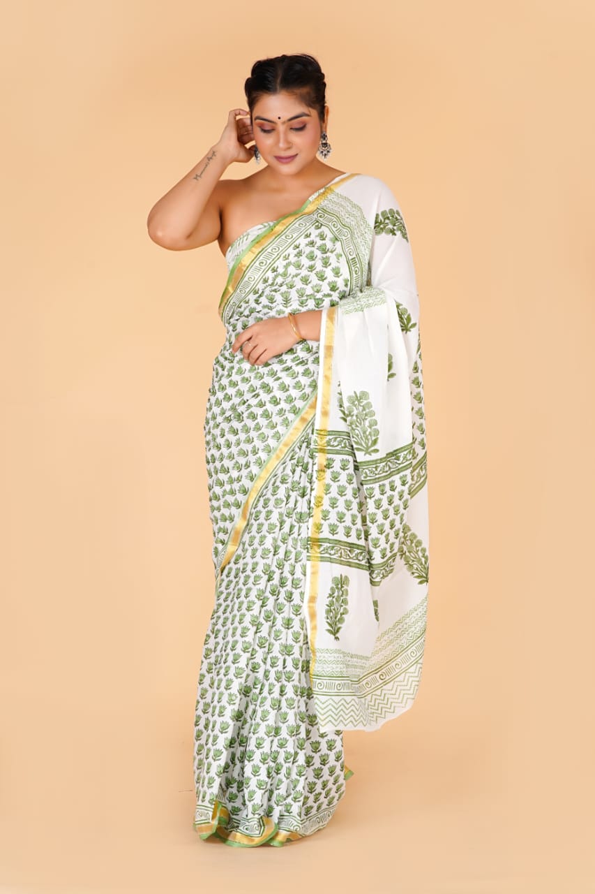 (JARI BORDER) PURE COTTON SAREE (5.5 Mtr) WITH UNSTICHED BLOUSE PIECE (90CM)