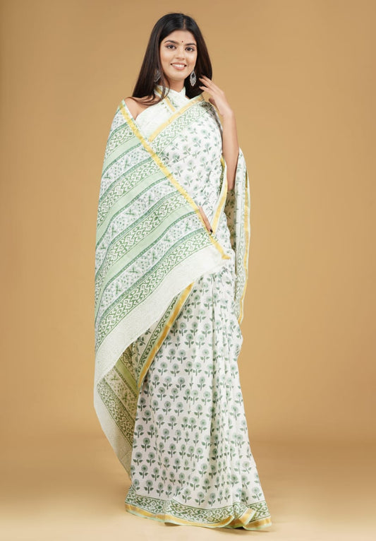(JARI BORDER) PURE COTTON SAREE (5.5 Mtr) WITH UNSTICHED BLOUSE PIECE (90CM)