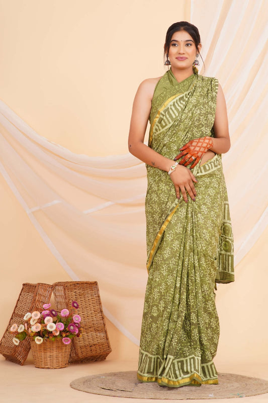 (JARI BORDER) PURE COTTON SAREE (5.5 Mtr) WITH UNSTICHED BLOUSE PIECE (90CM)