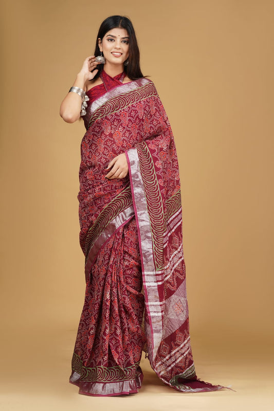 HAND BLOCK PRINTED LINEN SAREE (5.5Mtr) WITH LINEN UNSTICHED BLOUSE PIECE (90CM)