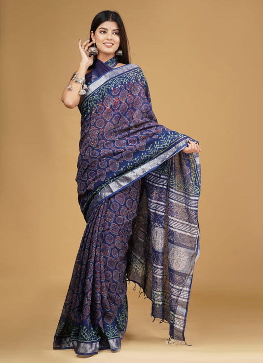 HAND BLOCK PRINTED LINEN SAREE (5.5Mtr) WITH LINEN UNSTICHED BLOUSE PIECE (90CM)