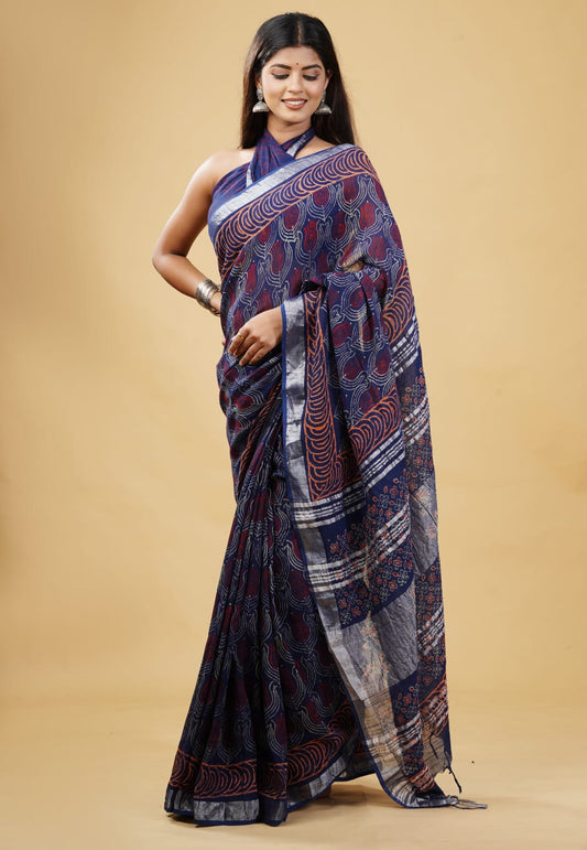 HAND BLOCK PRINTED LINEN SAREE (5.5Mtr) WITH LINEN UNSTICHED BLOUSE PIECE (90CM)