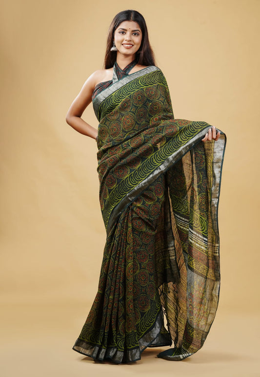 HAND BLOCK PRINTED LINEN SAREE (5.5Mtr) WITH LINEN UNSTICHED BLOUSE PIECE (90CM)