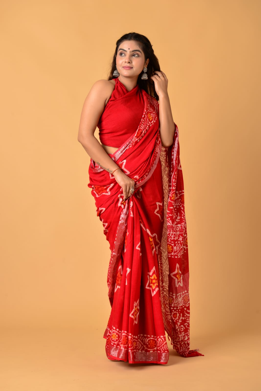 HAND BLOCK PRINTED LINEN SAREE (5.5Mtr) WITH LINEN UNSTICHED BLOUSE PIECE (90CM)