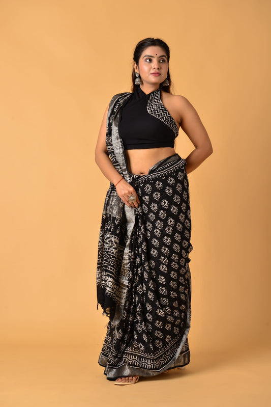 HAND BLOCK PRINTED LINEN SAREE (5.5Mtr) WITH LINEN UNSTICHED BLOUSE PIECE (90CM)