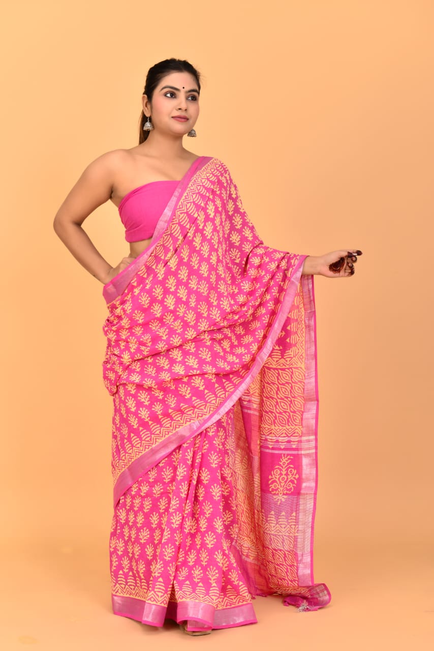 HAND BLOCK PRINTED LINEN SAREE (5.5Mtr) WITH LINEN UNSTICHED BLOUSE PIECE (90CM)