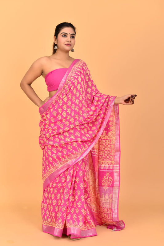 HAND BLOCK PRINTED LINEN SAREE (5.5Mtr) WITH LINEN UNSTICHED BLOUSE PIECE (90CM)