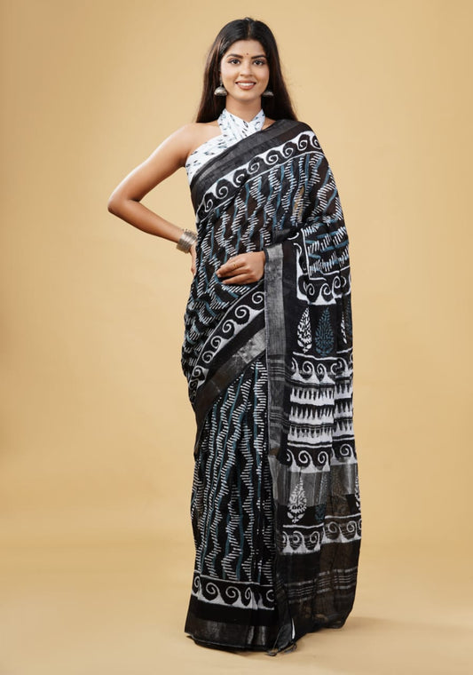 HAND BLOCK PRINTED LINEN SAREE (5.5Mtr) WITH LINEN UNSTICHED BLOUSE PIECE (90CM)