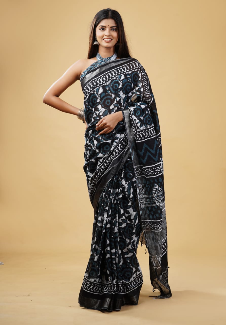 HAND BLOCK PRINTED LINEN SAREE (5.5Mtr) WITH LINEN UNSTICHED BLOUSE PIECE (90CM)