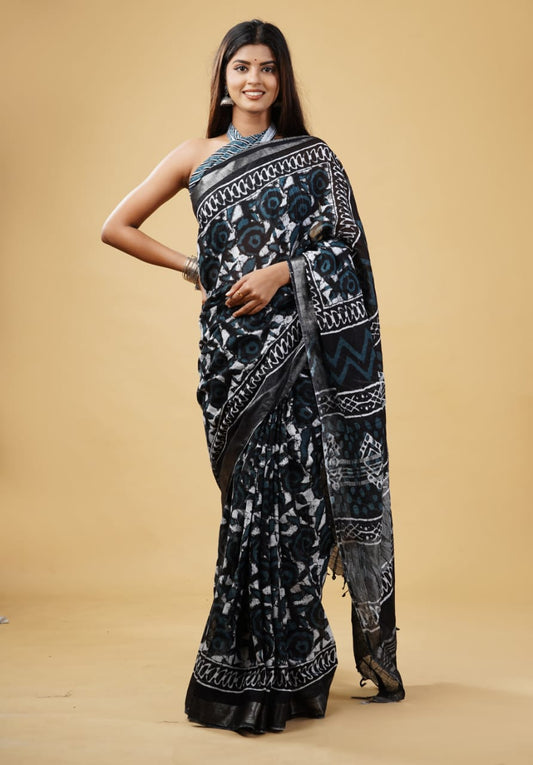 HAND BLOCK PRINTED LINEN SAREE (5.5Mtr) WITH LINEN UNSTICHED BLOUSE PIECE (90CM)