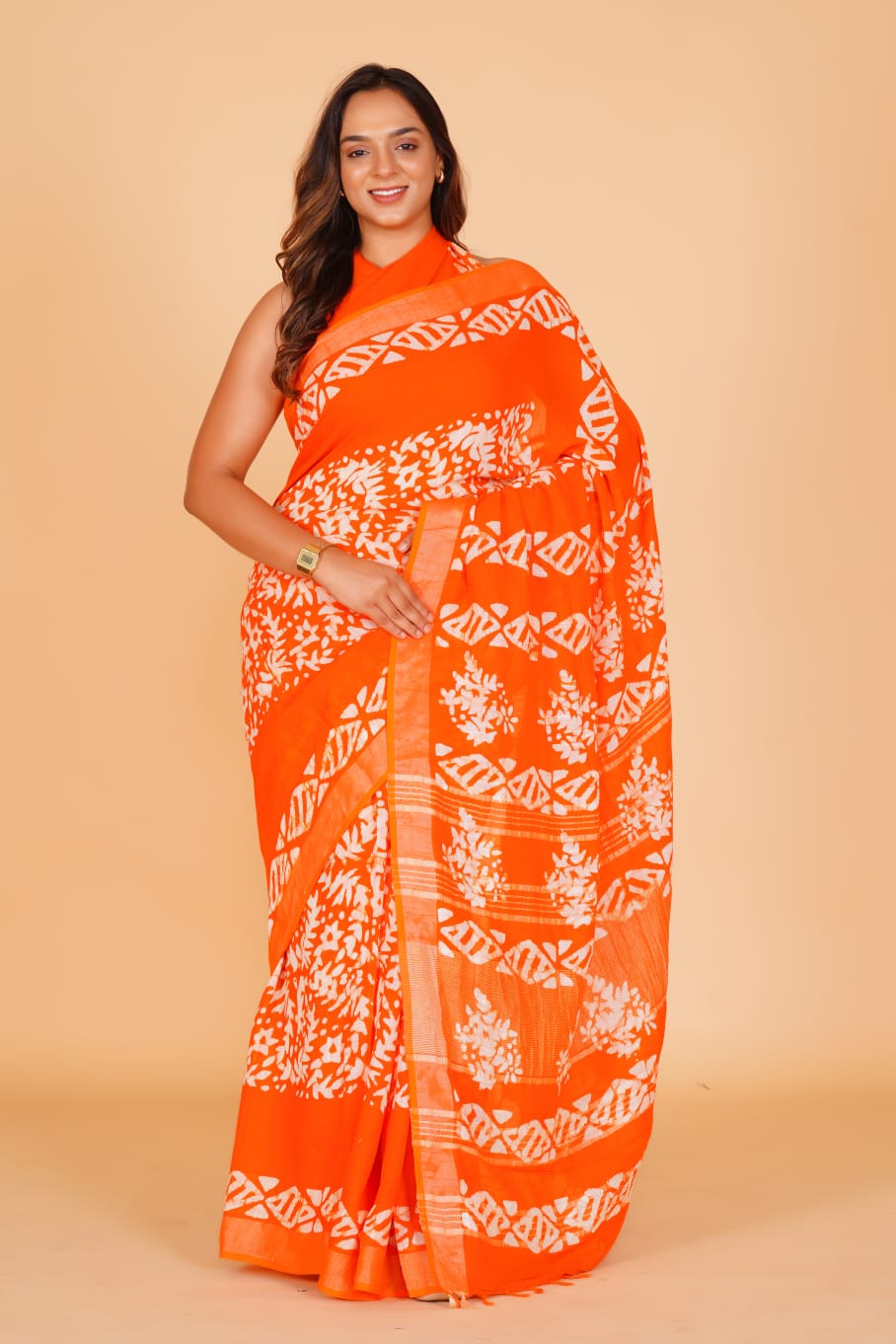 HAND BLOCK PRINTED LINEN SAREE (5.5Mtr) WITH LINEN UNSTICHED BLOUSE PIECE (90CM)