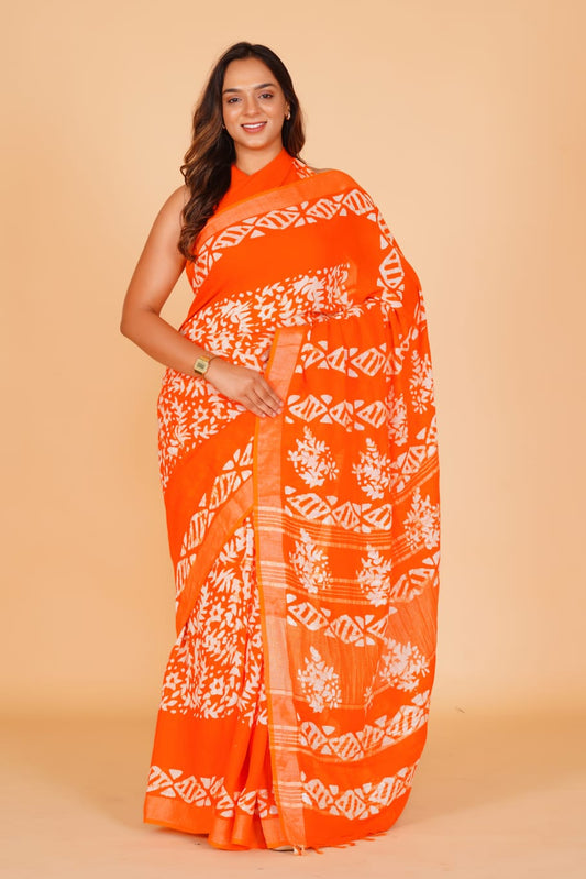 HAND BLOCK PRINTED LINEN SAREE (5.5Mtr) WITH LINEN UNSTICHED BLOUSE PIECE (90CM)
