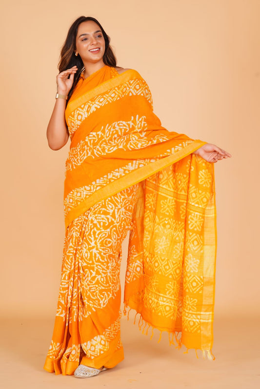 HAND BLOCK PRINTED LINEN SAREE (5.5Mtr) WITH LINEN UNSTICHED BLOUSE PIECE (90CM)